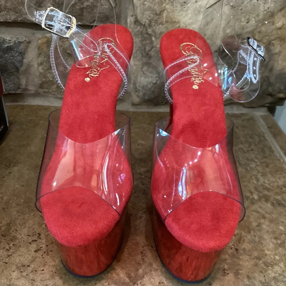 Pleaser Adore-708 Red Chrome Clear Platform Sandals 7 Inch Heels Womens 8 New